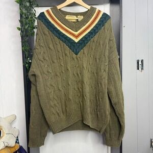 Vintage Olive Cable Knit Cricket Sweater Mens XL Varsity V-Neck Goblincore
